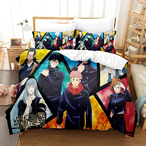 PTNQAZ Anime Jujutsu Kaisen Bettwäsche-Set für Jungen, 3D-gedruckte Bettbezüge mit Kissenbezügen, Kinder-Bettbezug, Bettwäsche (Einzelbett, 1)