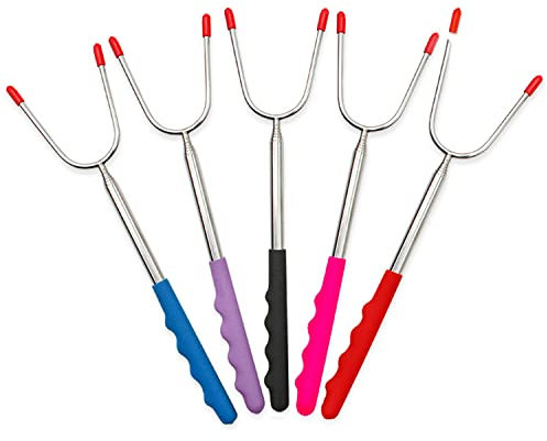 Fourchette Guimauve, XPOOP 5Pcs Télescopique Fourchettes Barbecue, Fourchettes Brochettes Télescopique, Bâtons à Rôtir à la Guimauve, Brochettes pour Barbecue avec Poignée en Plastique