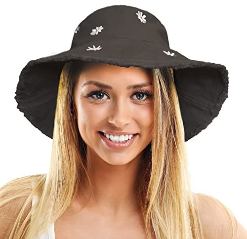 TOSKATOK Damen-Sonnenhut mit LSF 50+ Weich gewaschener Baumwolle mit gestickten G�nsebl�mchenmotiven, formbarer Krempe und ausgefransten R�ndern