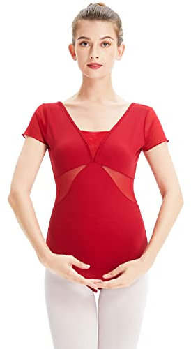 boruizhen Ballett Trikot Damen Turnanzug Mädchen Kurzarm Gymnastikanzug Mesh Tanztrikot mit BH-Pad Rot,S