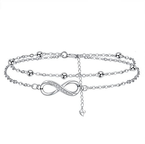 J.MUEN Bracelet Infini en Femme Argent Sterling 925 Double Chaînes Bracelets avec Boules et Zircones Réglable Infini Pendentif D'amitié Bijoux Thanksgiving Noël Anniversaire Cadeau Mère Femmes