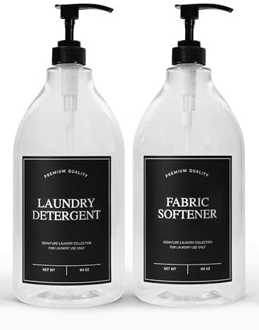Calindiana Laundry Detergent Dispenser for Laundry Room Organization, Clear 64oz PET Plastic Landry Soap Containers with Black Water Resistant Labels, Black Pumps and Screw Caps, Collapsible Funnel