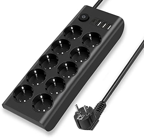 KS Steckdosenleiste mit USB, 10 Fach Mehrfachsteckdose mit Schalter (3680W/16A), Kindersicherung Schuko 1 USB-C und 3 USB-A, 45° gedrehten Steckplätzen, 1,8m Verlängerungskabel für Zuhause Büro