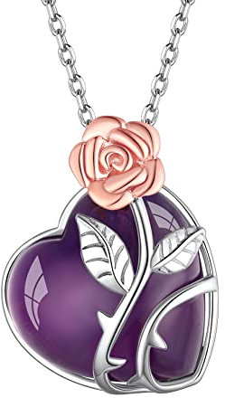 Suplight Collana donna argento 925 con ciondolo cuore pietra di ametista naturale con fiore rosa collana donna con pietra cuore mese febbraio collana argento donna