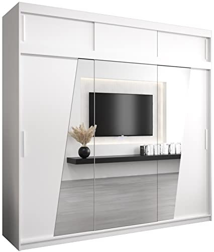 MEBLE KRYSPOL Rhomb250 Schlafzimmerschrank mit DREI Schiebetüren, Spiegel, Kleiderstange und Regalen – 250x240x62cm - Mattweiß mit Verlängerung