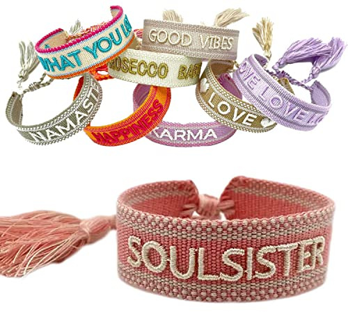 LS-LebenStil Exklusives Statement Armband - das Original - Soulsister Rosa Weiß 16-20cm Quasten besticktes Boho Canvas Webarmband Damen Freundschaftsarmband Geschenk gewebt textil Stoffarmband