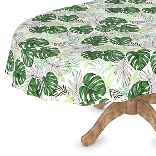 Wachstuchtischdecke Wachstischdecke Tischdecke abwaschbar Gartentischdecke Wachstuch Eckig rund oval Oval 140 x 240cm Schnittkante Palmenblätter Grün
