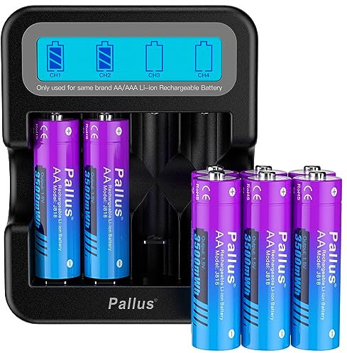Pallus Pile Au Lithium AA 1,5V, Haute Capacité 3500mWh avec 1600 Cycles, Llot De 8 Piles AA Au Lithium Rechargeables avec Chargeur LCD Noir