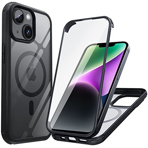Holidi iPhone 14 Hülle für Magsafe, 360 Grad Hülle iPhone 14, Schutzhülle Handyhülle mit Eingebautem 9H Panzerglas Displayschutz, Komplettschutz Glas Hardcase Vorne und Hinten Schutzhüllen. Schwarz