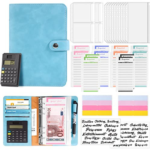 A6 Budget Binder mit Taschenrechner Budget Planner Deutsch, Lederbudget Binder Geld Organizer mit 12 Bargeldumschlägen und Budgetblättern (hellblau)