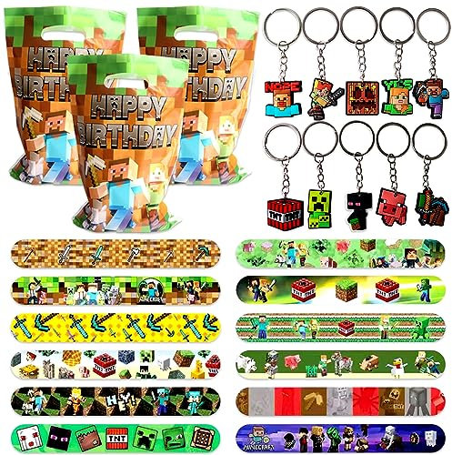 32Pcs Regalo Compleanno Videogiochi, Regali Festa Bambini Invitati, Sacchetto di Compleanno, Portachiavi, Braccialetti, Kit Giochi Feste a Tema, Forniture per Ragazzi Festa di Compleanno