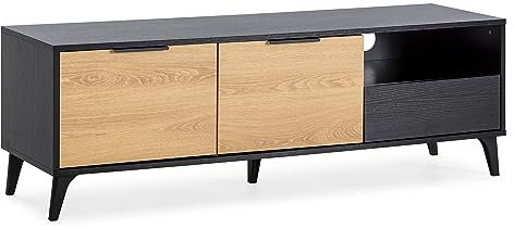 HOMN LIVING Meuble TV Kalma 2 portes et 1 tiroir, couleur noir brossé et bois, 136 cm (largeur) 40 cm (profondeur) 45 cm (hauteur)