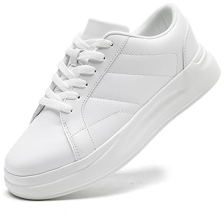 LANGFEUU Damen Turnschuhe Sneaker Flacher Absatz Leder Schuhe Wanderschuhe Straßenlaufschuhe rutschfest Frauen Halbschuhe Weiß EU 39