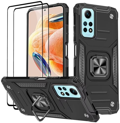 KANSi Coque pour Xiaomi Redmi Note 12 Pro 4G / Redmi Note 11 Pro 5G/4G, Verre Trempé [2 Pièces] + Housse TPU Silicone Rotation 360° Aimant Anneau Support Double Défense Protection Etui - Noir