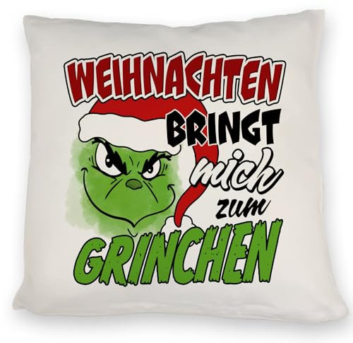 Weihnachtsmuffel Kissen mit Spruch Weihnachten bringt Mich zum Grinchen EIN bequemes DekoKissen für die Weihnachtszeit WeihnachtsKissen witziges Weihnachtsmann Motiv böses