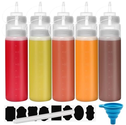 Chetexus Botella exprimible de condimentos de 16 onzas, paquete de 10 botellas de salsa exprimibles de 500 ml, dispensadores de plástico con medidas para ketchup, barbacoa, salsas, jarabe, aderezos