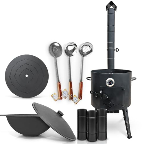Feuerofen Ø 40 cm Herdplatte Ø43 cm 4 Ringe Kazan Ø 42,5 cm (12 L) flacher Boden mit Thermometer Schornsteinverlängerung 2 Schaumlöffel Schopfkelle 48 cm (Set - 559)