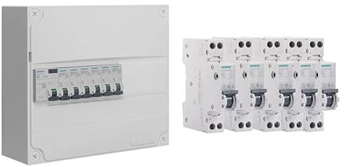 SIEMENS - Tableau électrique pré-équipé 1 rangée 13 modules 6 disjoncteurs 1 interrupteur différentiel & Lot de 5 Disjoncteurs électriques phase + neutre 16A