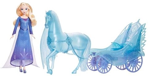 Mattel Disney Die Eiskönigin Elsa Modepuppe mit abnehmbarem Kleid und Schuhen, mystischem Nokk in Pferdeform und Abenteuer-Kutsche, inspiriert von Die Eiskönigin: Winterfest“, JBG56