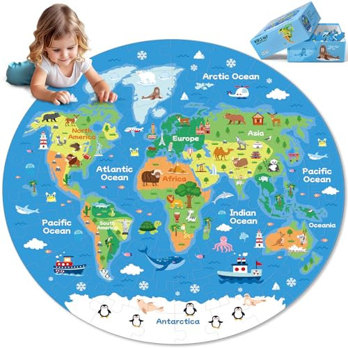72-teiliges Rundpuzzle für Kinder im Alter von 4–6 Jahren, Dinosaurier Weltkarten-Bodenpuzzle für Kinder im Alter von 3–5 Jahren, Kinderpuzzle-Spielzeug für 5–8-Jährige (Weltkarte, Einheitsgröße)