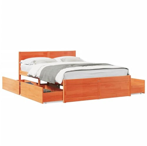 vidaXL Massivholzbett, Holzbett Bett mit Schubladen Kopfteil, Bettgestell Bettrahmen mit Lattenrost, Doppelbett für Schlafzimmer, Wachsbraun 135x190cm Kiefer