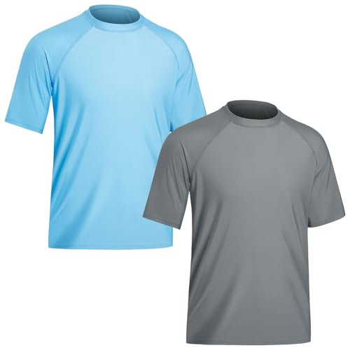TIZAX 2 Piezas Camiseta Protección Solar Hombre con Manga Corta UPF 50+ Camiseta Anti UV Traje de Baño de Rashguard Camisa Deportiva Secado Rapido para Adultos Gris+Azul Claro L