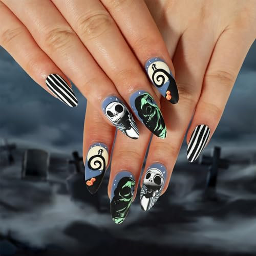 False Nails Halloween 24pcs- Frosted Skull Pumpkin Cobweb Spider Decorations - Press On Nails Ballerina Acrylic Stick On Nail Almond Fake Nail For Women And Girls