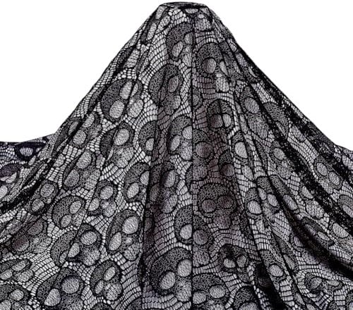 PH PandaHall 1.8 m Schwarzer Totenkopf Spitzenstoff Halloween Baumwollstoff 1.5m Breite Schwarzer Tüll-Stoff Spitze Stoff für Halloween Kleid nähen Tischtuch Vorhänge Party Overlay DIY Home Decor
