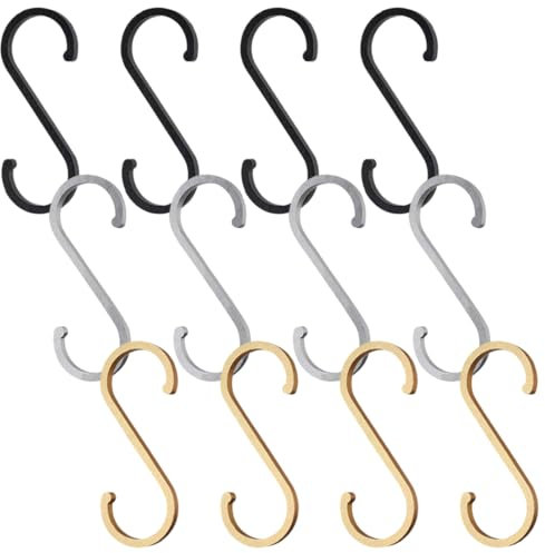 KOLZEMV S Haken, 12 Stück S Haken passender Durchmesser, haken zum einhängen, S-Haken Aluminium ideal Küche, haken schwarz für hängende Töpfe und Pfannen, Kaffeetassen, Kleidung, Pflanzen