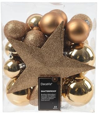 Weihnachtskugeln Kunststoff mit Christbaumstern 33er Set - bruchsichere Christbaumkugeln Weihnachtsbaumkugeln und Christbaumspitze - Christbaumschmuck & Weihnachtsbaumschmuck - Pekanuss Braun