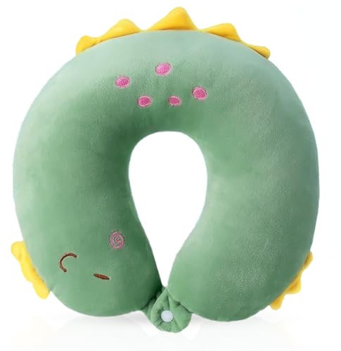 Aurasky Nackenkissen Kinder Memory Foam Nackenstütze, Cartoon Tier Nackenhörnchen Erwachsene, 30 x 26cm Reisekissen U-förmiges Nackenstützkissen für Auto Flugzeug Zug Büro Heim(Grün Dinosaurier)