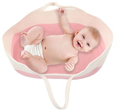 ZenithAur Baby Moses Basket Baby-Schlafkorb, faltbares tragbares Baumwollseil-Nestbett mit Matratzenauflage für Wohnzimmer, Schlafzimmer, Kinderzimmer (Rosa)