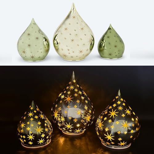 3 Deko Glastropfen mit LED Lichterkette, Sternen, Leuchteffekten und Timerfunktion - Stimmungslicht, Weihnachtsdeko (Grün Töne)