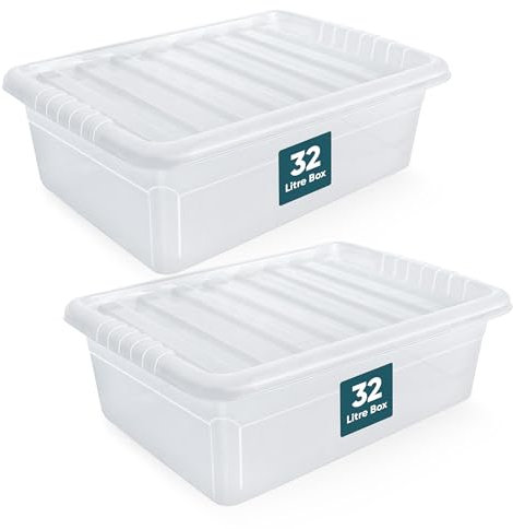 FB FunkyBuys Plastic Storage Boxes With Lids - Strong, Durable, Multipurpose, Spacious & Clear Storage Boxes For Home and Offices (Pack 2, 32 Litre Underbed)