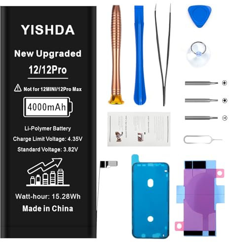 Batterie de rechange 4000 mAh compatible avec iPhone 12/12pro, YISHDA ultra haute capacité 0 cycle A, batterie de rechange pour iPhone 12/12Pro, avec kit d'outils de réparation complet