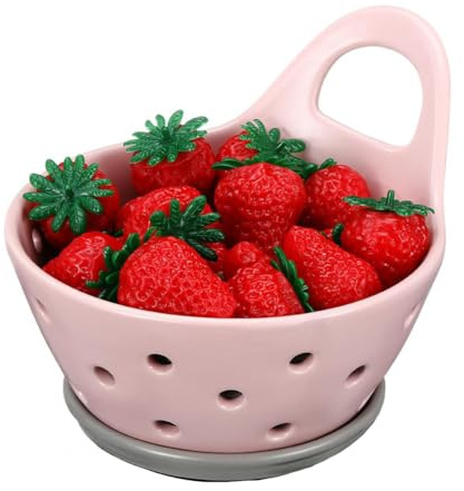 Keramik-Beerenkorb, Steingut-Sieb mit Griffen, Obstschalen zum Waschen von Beeren und Gemüse, Rosa