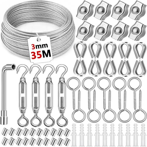 NEMMXUB Corde en Acier Inoxydable à Suspendre Kit,35M/3mm Câble en Acier Inoxydable Revêtu avec M5 Tendeurs de Fil,Kit Cable Metallique 304 pour Outdoor Suspension,Corde a linge,Plante Grimpante