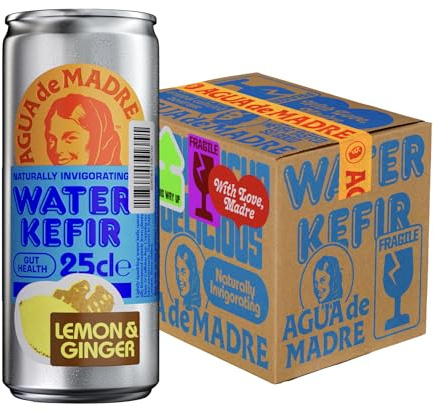 Agua de Madre Sparkling Water Kefir Drink, Lemon & Ginger, 24 x 250ml Cans | Naturally fermented live cultures, dairy free, gluten free, low calorie, vegan, low sugar, no artificial sweeteners