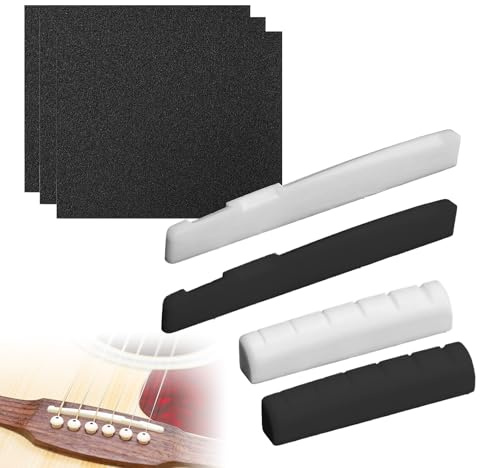 ZWWOGE 2x Set Gitarren Zubehör für Westerngitarre , Brücke/Sattel in Schwarz & Weiß + Schleifpapier-Set (320/600/1500 Körnung) Komplettersatzteile für 6-Saiten Gitarren-Zubehör