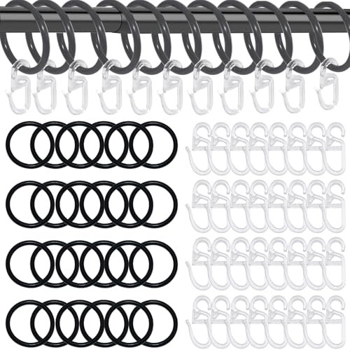 SHENSAIGO 50 Stück Gardinenringe, Metall Gardinenringe mit Haken, Vorhangringe mit 50 Kunststoff Gardinenhaken, 30MM Innendurchmesser Vorhang Ringe für Fenstervorhang Bettvorhang Duschvorhang(Schwarz)