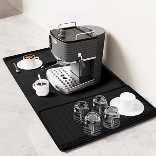 Chovbe Large Silicone Coffee Machine Mat 61x41cm with 40x19cm Stackable Drainage Tray, Non-Slip Heat Resistant Coffee Bar Mat for Kitchen Worktops, Dish Drying Mat(Wavy Stripes)