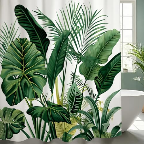 NEJLCTOROUS Duschvorhang Grün Blätter Pflanzen Duschvorhänge,Textil Waschbar,Polyester Stoff Badevorhänge mit 12 Duschvorhängeringen (180cm X 180cm)