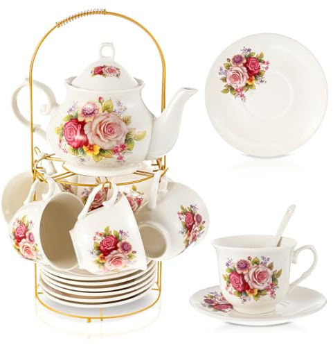 Zhehao 20-teiliges Porzellan-Teeset mit Metallhalter und Löffel, für Erwachsene, Keramik-Teeset, europäische Blumenmalerei, Teekanne, Tasse, Untertasse, Löffel für Frauen, Mutter, Geschenk, große