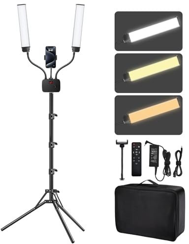 BeeMingle Selfie Light with 75'' Tripod Stand, Dimmable 3 Color LED Dual Arms Ring Light with Phone Holder & Carry Bag for Lash Tattoo Video Photography 45W 95CRI Tripod Floor Lamp