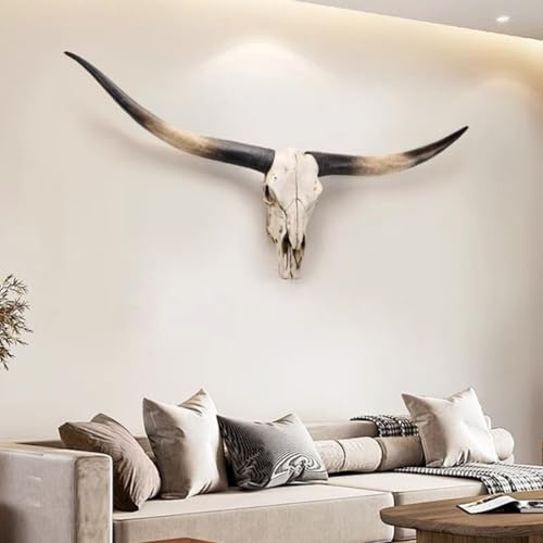 Kuhschädel-Wanddekoration, Künstlicher Präparator Longhorn-Schädel, Wanddekoration mit Langen Hörnern, Handgefertigte Bullenschädel für Wohnzimmer, Schlafzimmer, Bauernhaus Dekoration, 178cm(Schwarz)
