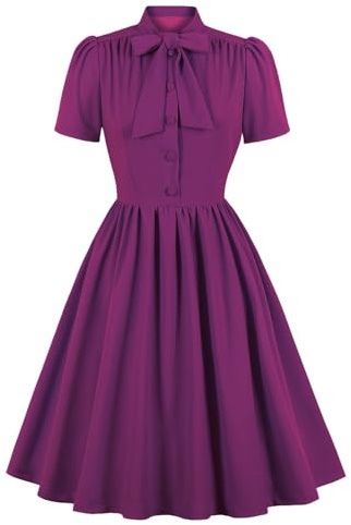 Générique Robe Vintage Annee 50 Femme Pin Up Chic et Elegant Robes Soiree Princesse Français Plissée Taille Haute Simple Boutonnage Manches Courtes pour Mariage Cérémonie Fête