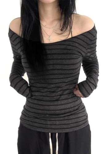 Edhomenn Womens Off The Shoulder Tops Long Sleeve V Neck Slim Fit T Shirts Striped Y2k Sexy Blouse Ladies Gothic Grunge Punk Outfits Fall Clothes (01 Dark Gray, M)