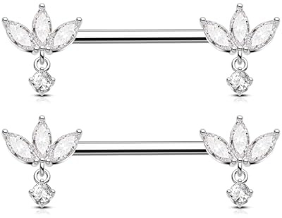 OUFER 14G 2 Stück Brustwarzenpiercings aus Chirurgenstahl 316L, Lotus-Nippelpiercing-Schmuck, runde, durchsichtige CZ-Diamanten-Nippelringe, 14 mm Körperpiercing-Schmuck für Frauen