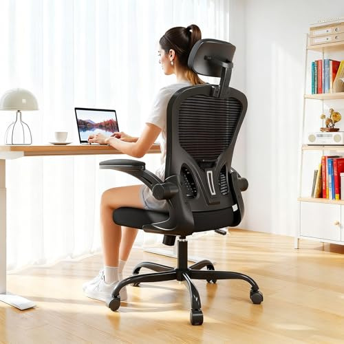 JAJALUYA Office Chair,Ergonomic Modern Mesh Desk Chair with Adjustable Headrest and Lumbar Support, Executive Swivel Computer Chair with Flip-Up Armrest (black)