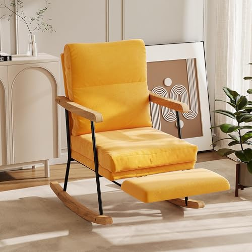 Schaukelstuhl Schaukelsessel mit Armlehne Schwingsessel mit verschiebbarer Fußstütze SchaukelstüHle Lesesessel Relaxsessel mit Metallstell Loungesessel Für Wohnzimmer,Schlafzimmer (Bräunlich-gelb)